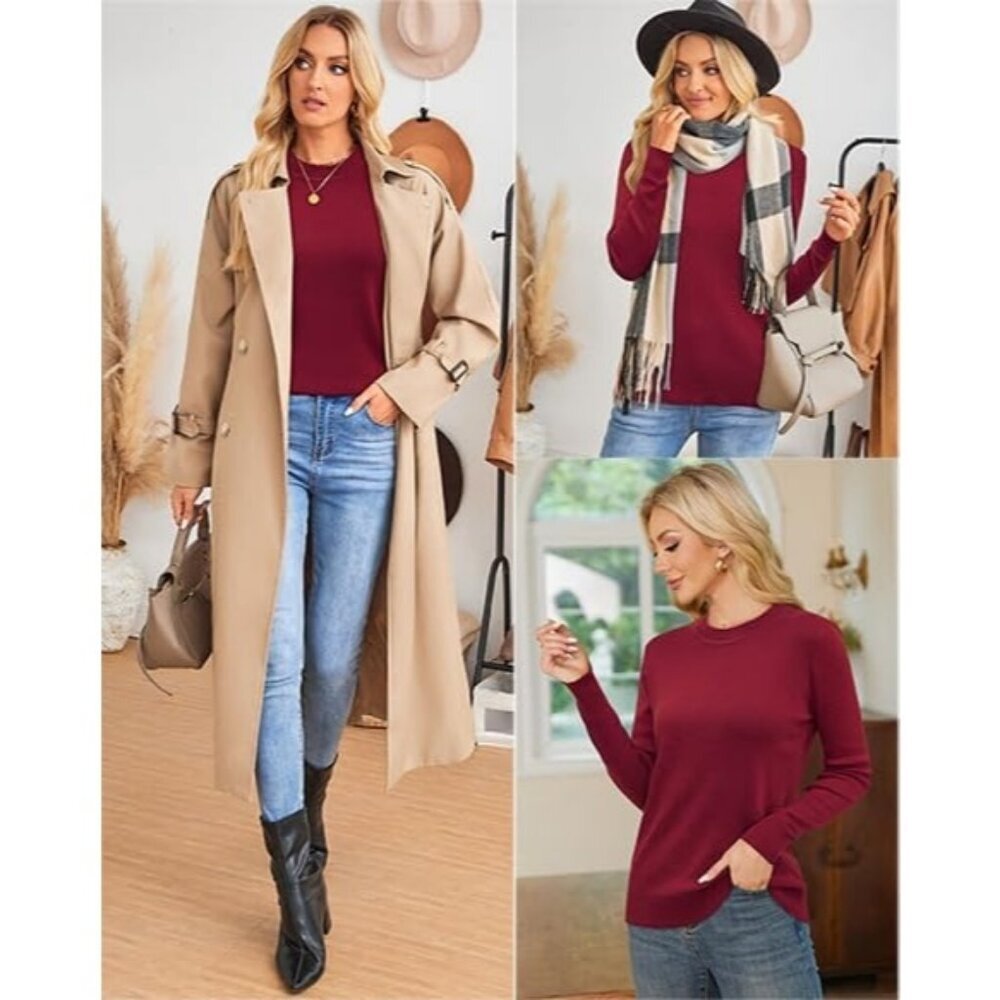 Women's A-Red Wool Blend Classic Crew Neck Casual Fall Winter Sweaters Shirt - Picture 6 of 7